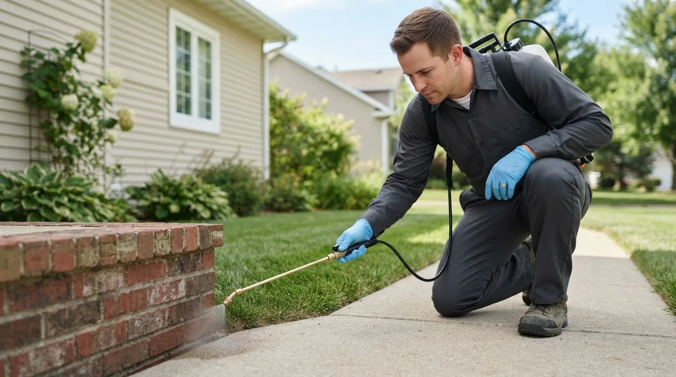 Pest control technician treating a home near Dawn, TX