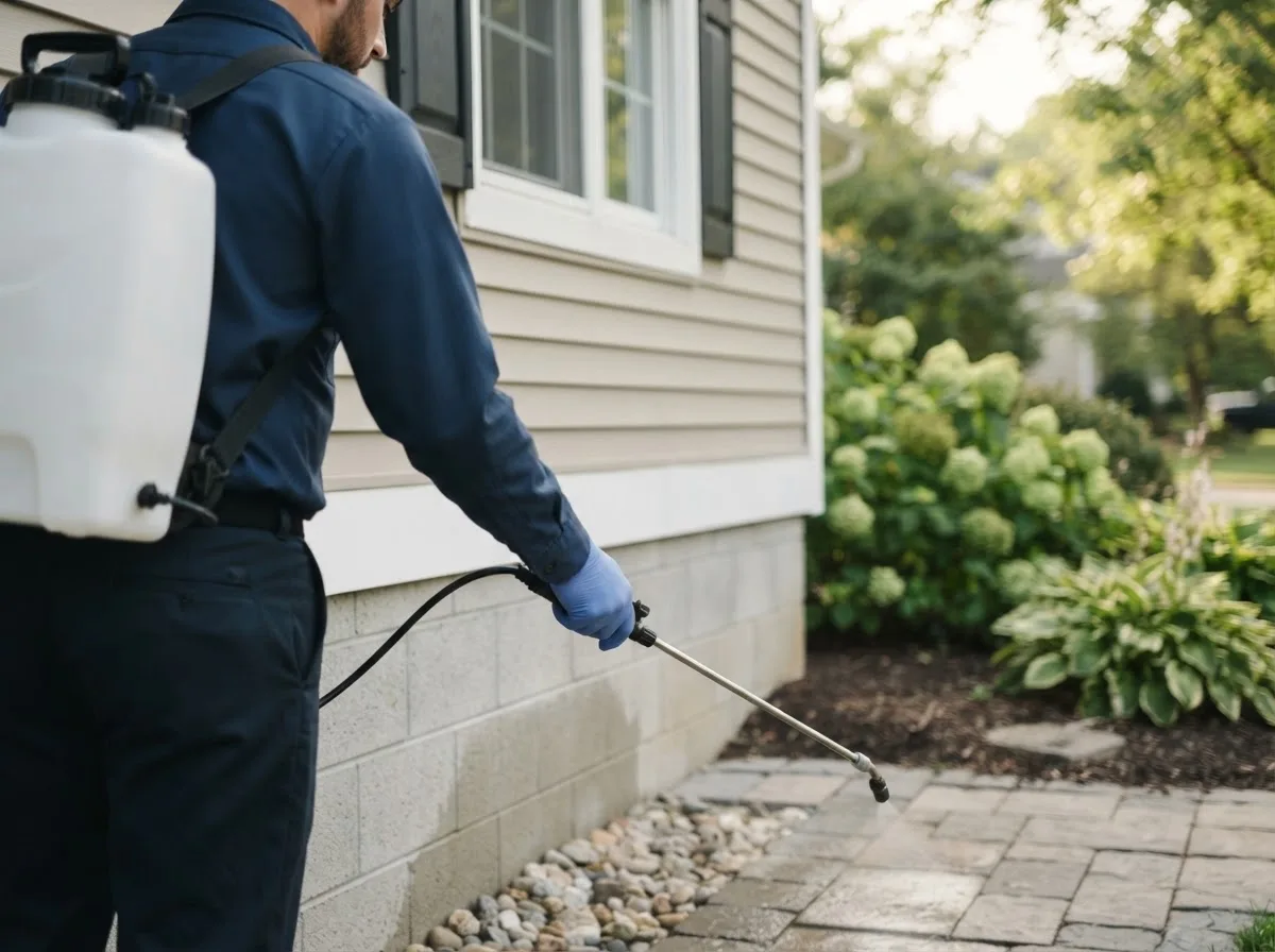 Pest control technician inspecting a home in Dawn, TX